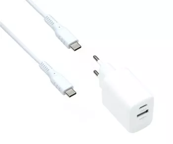 USB PD/QC 3.0 töltőadapter, C-C kábellel, fehér 20W, 3,6V~5,9V/3A; 6~9V/2A; 9V~12V/1,5A